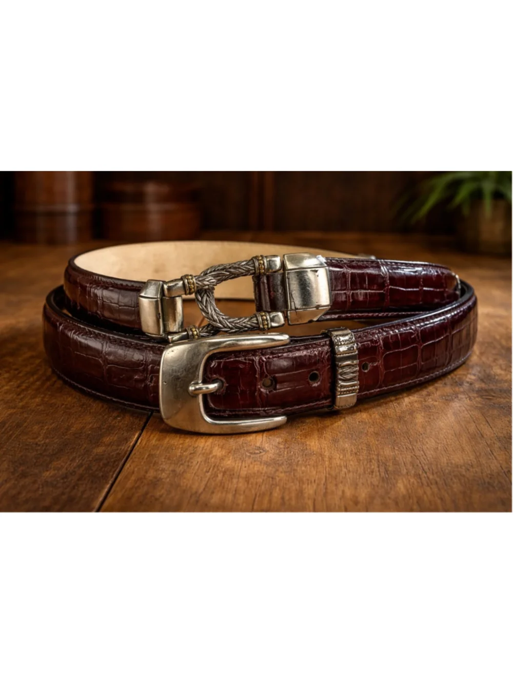 Enmon Leather Croc Embossed Belt Western Silver Hardware Size M